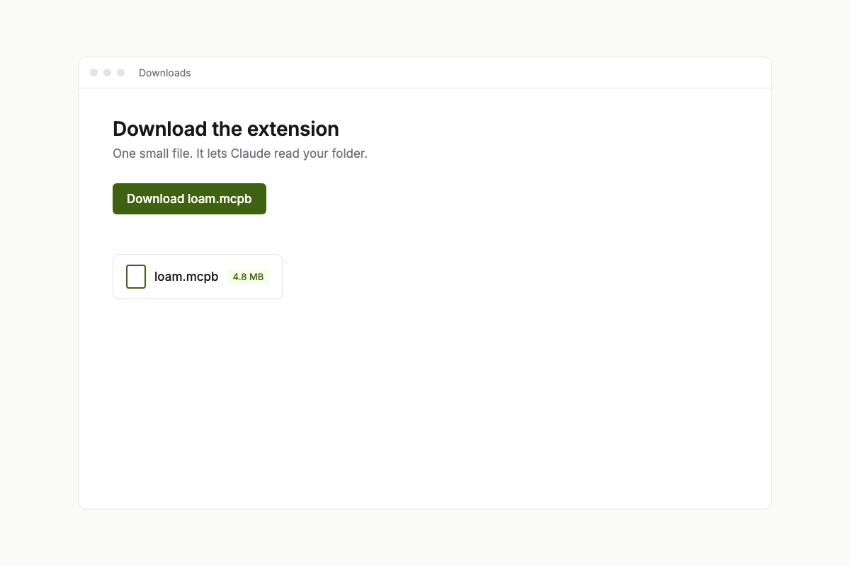 Illustration: the download button and the saved loam.mcpb file in the Downloads folder