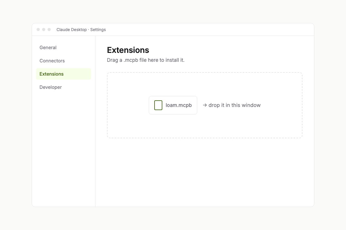 Illustration: dragging loam.mcpb into the Extensions page of Claude Desktop