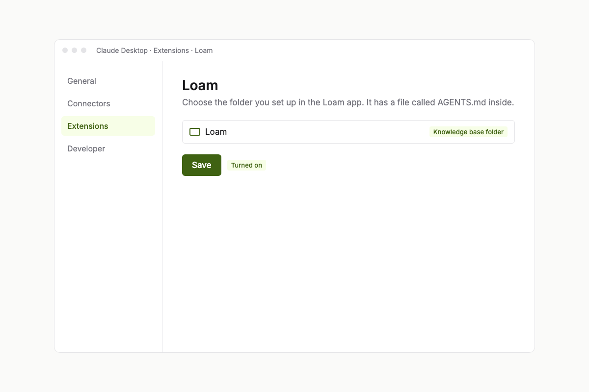Illustration: choosing the knowledge base folder in the Loam extension settings